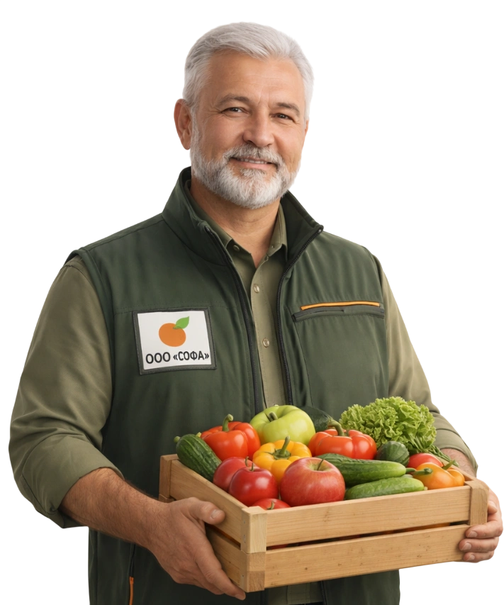 Сотрудник ООО «СОФА» с коробом свежей продукции